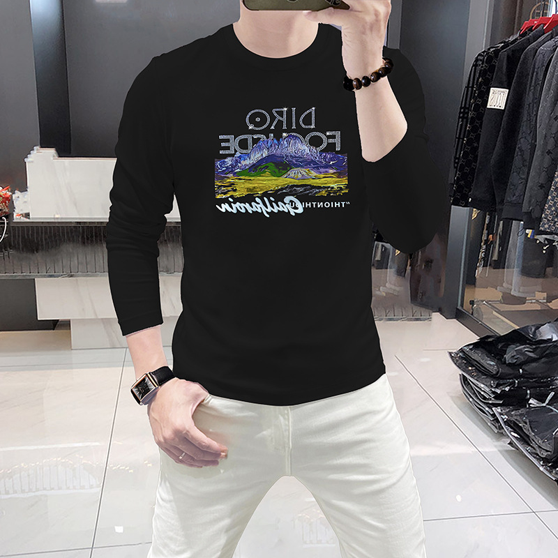Undershirt Crew Neck - 남성용 긴팔 티셔츠, 산 그림과 라인스톤