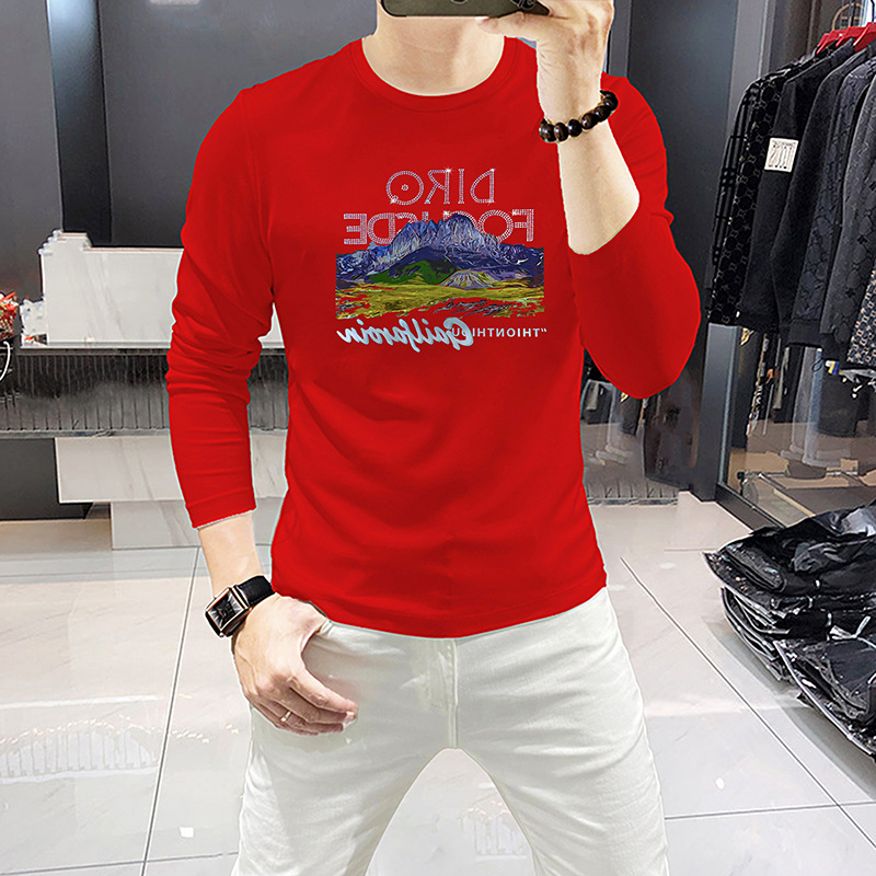 남성용 긴팔 티셔츠, 산 그림과 라인스톤 장식, 둥근  - Undershirt Crew Neck 리뷰 및 가격