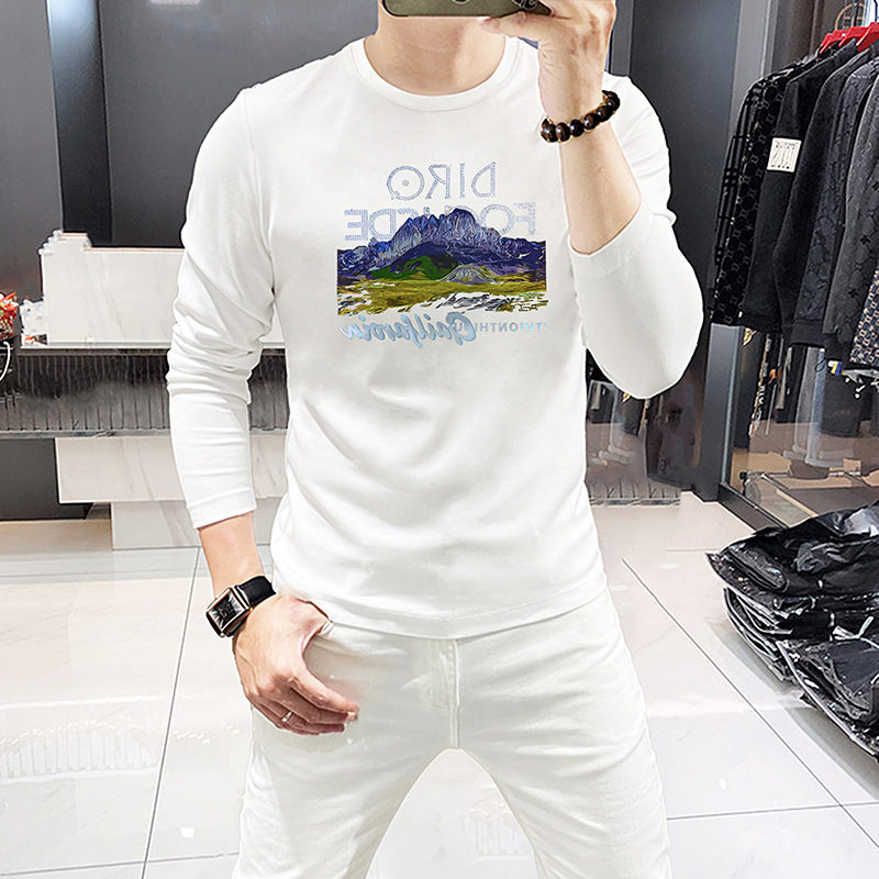 남성용 긴팔 티셔츠, 산 그림과 라인스톤 장식, 둥근  - Undershirt Crew Neck 리뷰 및 가격